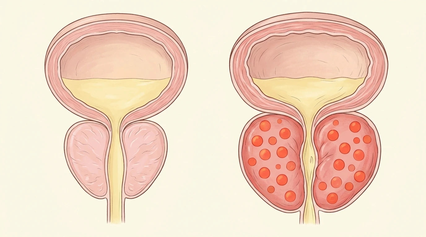 A healthy prostate at 35 vs an enlarged prostate at 65 — the same biology, thirty years of DHT accumulation