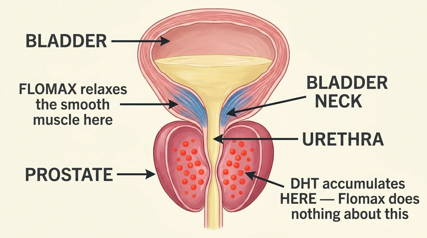 Flomax relaxes the muscle around the urethra — DHT keeps accumulating inside the prostate