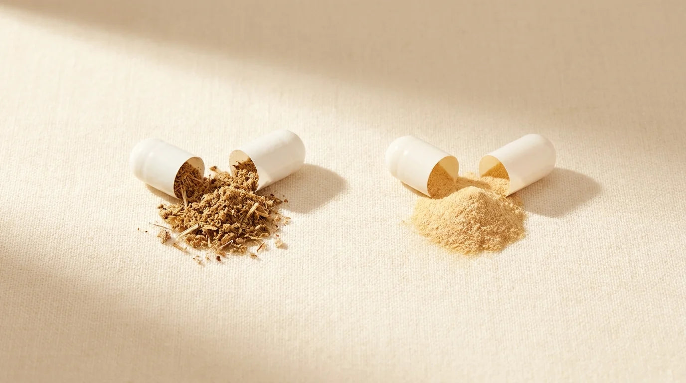 Same capsule, dramatically different contents — raw berry powder vs concentrated lipidosterolic extract