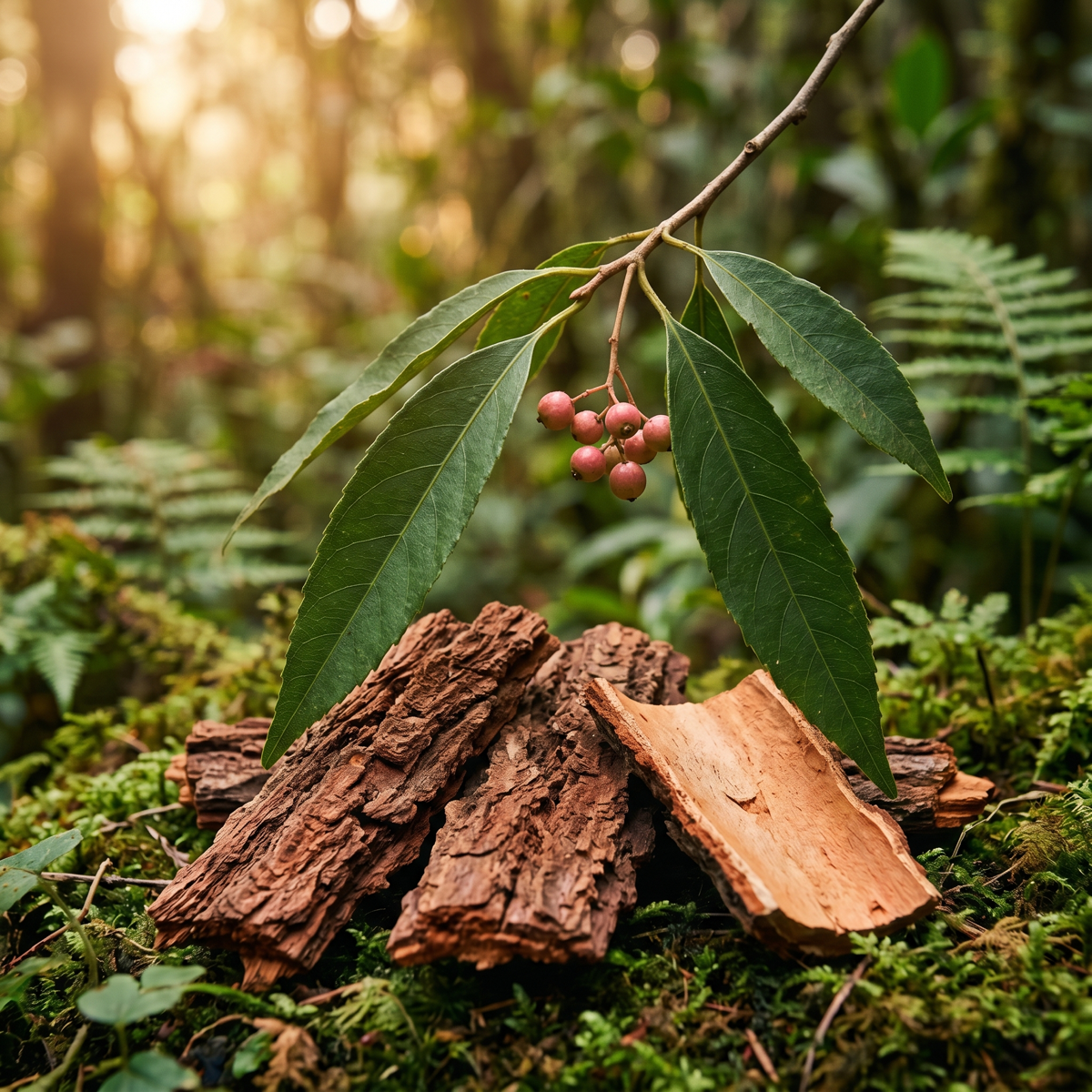 Pygeum Africanum — Pygeum africanum bark, leaves and berries on the African afromontane forest floor