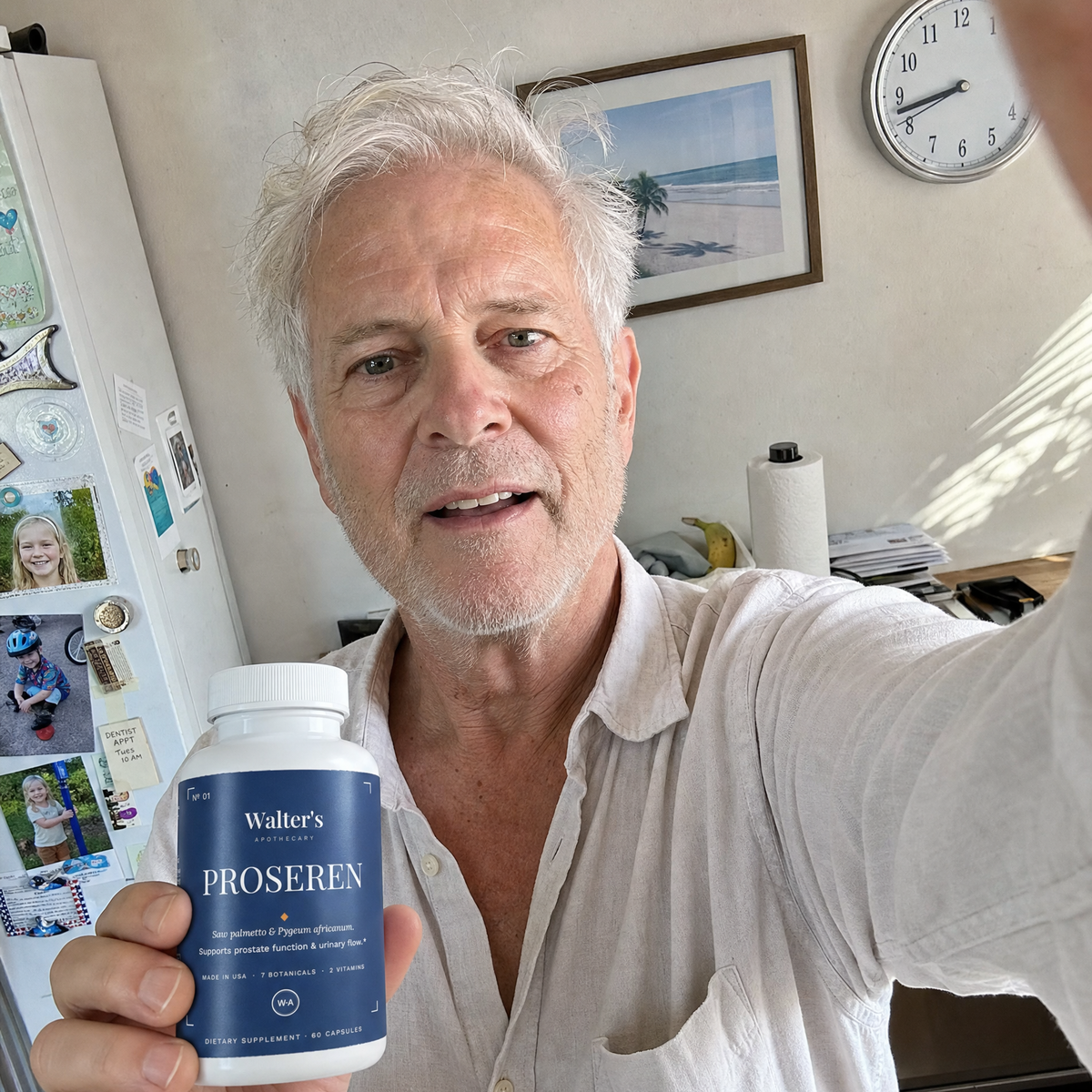 Robert M., 67, holding his Walter's PROSEREN saw palmetto supplement bottle at his kitchen table in Naples, Florida — verified buyer review photo
