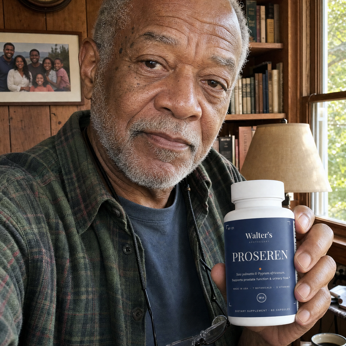 Tom B., 71, holding the Walter's PROSEREN bottle with 300 mg European saw palmetto extract in his Asheville, North Carolina home — verified buyer review photo