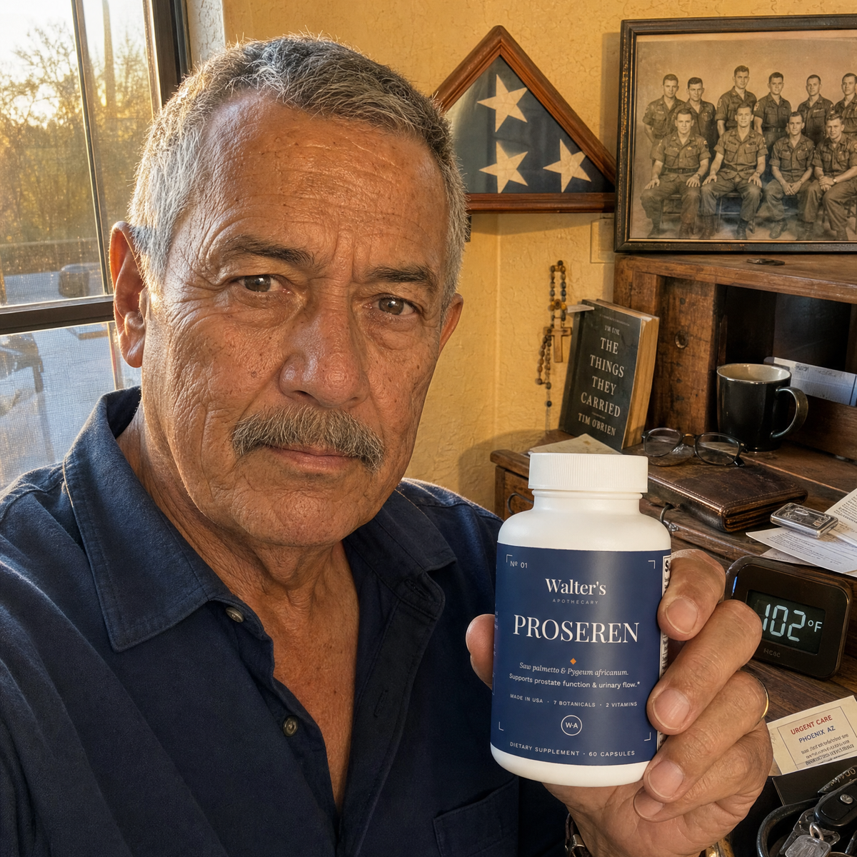 Michael D., 67, Vietnam veteran holding the Walter's PROSEREN bottle as a Flomax alternative in his Phoenix, Arizona home — verified buyer review photo