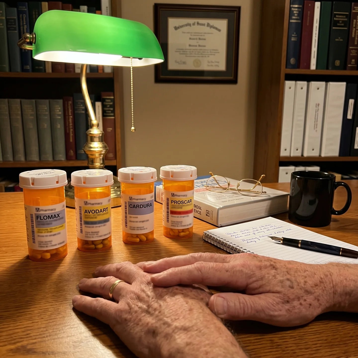 The Flomax trap — alpha-blocker capsules in a hand, masking what's growing underneath